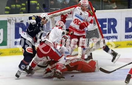 EBEL. Eishockey Bundesliga. EC VSV gegen KAC. Stefan Bacher,  (VSV), Rene Swette, Steven Strong, Thomas Hundertpfund (KAC). Villach, am 15.1.2016.
Foto: Kuess 


---
pressefotos, pressefotografie, kuess, qs, qspictures, sport, bild, bilder, bilddatenbank