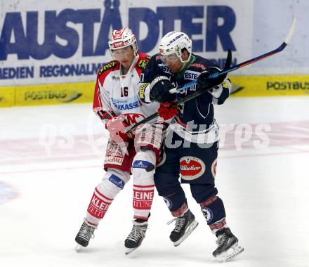 EBEL. Eishockey Bundesliga. EC VSV gegen KAC. Brock McBride,  (VSV), Patrick Harand (KAC). Villach, am 15.1.2016.
Foto: Kuess 


---
pressefotos, pressefotografie, kuess, qs, qspictures, sport, bild, bilder, bilddatenbank