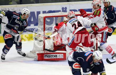 EBEL. Eishockey Bundesliga. EC VSV gegen KAC. Stefan Bacher,  (VSV), Rene Swette, Steven Strong, Thomas Hundertpfund (KAC). Villach, am 15.1.2016.
Foto: Kuess 


---
pressefotos, pressefotografie, kuess, qs, qspictures, sport, bild, bilder, bilddatenbank