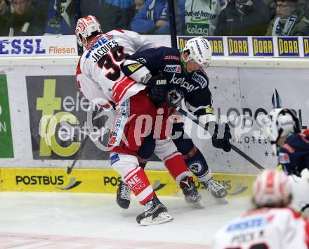 EBEL. Eishockey Bundesliga. EC VSV gegen KAC. Stefan Bacher, (VSV), Jean Francois Jacques (KAC). Villach, am 15.1.2016.
Foto: Kuess 


---
pressefotos, pressefotografie, kuess, qs, qspictures, sport, bild, bilder, bilddatenbank