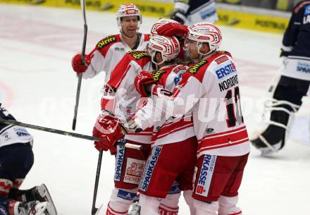 EBEL. Eishockey Bundesliga. EC VSV gegen KAC. Torjubel Jamie Lundmark, Steven Strong, Jonas Nordquist, Jean Francois Jacques (KAC). Villach, am 15.1.2016.
Foto: Kuess 


---
pressefotos, pressefotografie, kuess, qs, qspictures, sport, bild, bilder, bilddatenbank