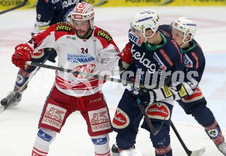 EBEL. Eishockey Bundesliga. EC VSV gegen KAC. Adis Alagic,  (VSV), Steven Strong (KAC). Villach, am 15.1.2016.
Foto: Kuess 


---
pressefotos, pressefotografie, kuess, qs, qspictures, sport, bild, bilder, bilddatenbank