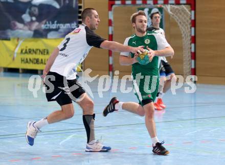 Handball Bundesliga. Schlafraum.at Kaernten gegen SC Ferlach. Markus Godec,  (HCK), Risto Arnaudovski (Ferlach). Viktring, am 16.1.2016.
Foto: Kuess
---
pressefotos, pressefotografie, kuess, qs, qspictures, sport, bild, bilder, bilddatenbank