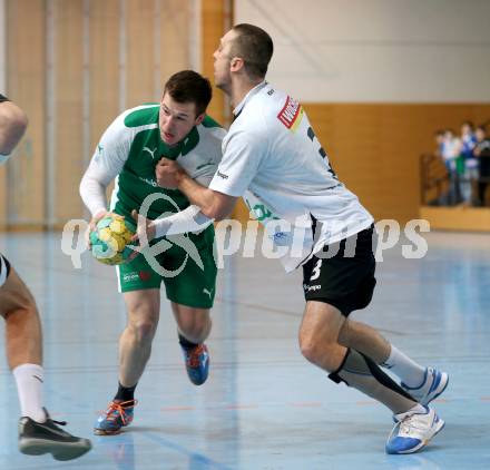 Handball Bundesliga. Schlafraum.at Kaernten gegen SC Ferlach. Klemen Kresnik, (HCK), Mario Simic  (Ferlach). Viktring, am 16.1.2016.
Foto: Kuess
---
pressefotos, pressefotografie, kuess, qs, qspictures, sport, bild, bilder, bilddatenbank