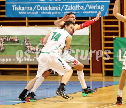 Basketball 2. Bundesliga 2015/16 Grunddurchgang 15. Runde. KOS Celovec  gegen Raiders Villach. Brumnik Jan (KOS), Marko Kolaric (Villach). Klagenfurt, 16.1.2016.
Foto: Kuess
---
pressefotos, pressefotografie, kuess, qs, qspictures, sport, bild, bilder, bilddatenbank