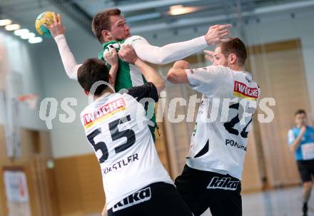 Handball Bundesliga. Schlafraum.at Kaernten gegen SC Ferlach. Klemen Kresnik, (HCK), Fabian Mathias Fuerstler, Dean David Pomorisac  (Ferlach). Viktring, am 16.1.2016.
Foto: Kuess
---
pressefotos, pressefotografie, kuess, qs, qspictures, sport, bild, bilder, bilddatenbank