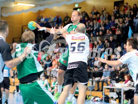 Handball Bundesliga. Schlafraum.at Kaernten gegen SC Ferlach). Leopold Wagner (HCK), Dario Hermann (Ferlach). Viktring, am 16.1.2016.
Foto: Kuess
---
pressefotos, pressefotografie, kuess, qs, qspictures, sport, bild, bilder, bilddatenbank