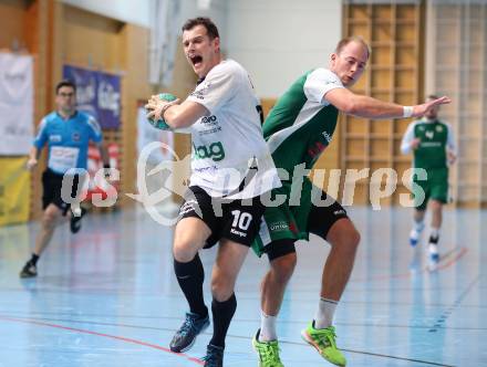 Handball Bundesliga. Schlafraum.at Kaernten gegen SC Ferlach. Leopold Wagner,  (HCK), Miro Barisic (Ferlach). Viktring, am 16.1.2016.
Foto: Kuess
---
pressefotos, pressefotografie, kuess, qs, qspictures, sport, bild, bilder, bilddatenbank