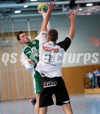 Handball Bundesliga. Schlafraum.at Kaernten gegen SC Ferlach. Klemen Kresnik, (HCK), Risto Arnaudovski  (Ferlach). Viktring, am 16.1.2016.
Foto: Kuess
---
pressefotos, pressefotografie, kuess, qs, qspictures, sport, bild, bilder, bilddatenbank