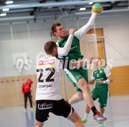 Handball Bundesliga. Schlafraum.at Kaernten gegen SC Ferlach. Klemen Kresnik,  (HCK), Dean David Pomorisac (Ferlach). Viktring, am 16.1.2016.
Foto: Kuess
---
pressefotos, pressefotografie, kuess, qs, qspictures, sport, bild, bilder, bilddatenbank