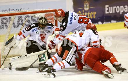 EBEL. Eishockey Bundesliga. KAC gegen 	HC TWK Innsbruck. Patrick Harand, (KAC), Andy Chiodo, Nicholas Ross, Dominique Saringer (Innsbruck). Klagenfurt, am 22.1.2016.
Foto: Kuess

---
pressefotos, pressefotografie, kuess, qs, qspictures, sport, bild, bilder, bilddatenbank