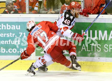 EBEL. Eishockey Bundesliga. KAC gegen 	HC TWK Innsbruck. Manuel Ganahl,  (KAC), David Liffiton (Innsbruck). Klagenfurt, am 22.1.2016.
Foto: Kuess

---
pressefotos, pressefotografie, kuess, qs, qspictures, sport, bild, bilder, bilddatenbank