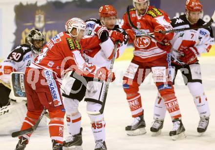 EBEL. Eishockey Bundesliga. KAC gegen 	HC TWK Innsbruck. Jamie Lundmark, Jean Francois Jacques,  (KAC), David Schuller, Dustin Vanballegooie (Innsbruck). Klagenfurt, am 22.1.2016.
Foto: Kuess

---
pressefotos, pressefotografie, kuess, qs, qspictures, sport, bild, bilder, bilddatenbank