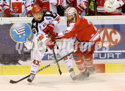 EBEL. Eishockey Bundesliga. KAC gegen 	HC TWK Innsbruck. Thomas Poeck,  (KAC), Derek Hahn (Innsbruck). Klagenfurt, am 22.1.2016.
Foto: Kuess

---
pressefotos, pressefotografie, kuess, qs, qspictures, sport, bild, bilder, bilddatenbank