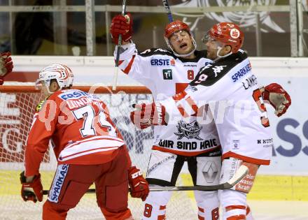 EBEL. Eishockey Bundesliga. KAC gegen 	HC TWK Innsbruck. Torjubel Hunter Bishop, John Lammers (Innsbruck). Klagenfurt, am 22.1.2016.
Foto: Kuess

---
pressefotos, pressefotografie, kuess, qs, qspictures, sport, bild, bilder, bilddatenbank