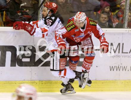 EBEL. Eishockey Bundesliga. KAC gegen 	HC TWK Innsbruck. Jamie Lundmark,  (KAC), Nicholas Schaus (Innsbruck). Klagenfurt, am 22.1.2016.
Foto: Kuess

---
pressefotos, pressefotografie, kuess, qs, qspictures, sport, bild, bilder, bilddatenbank