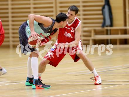 Basketball 2. Bundesliga 2015/16 Grunddurchgang 16. Runde. Villach Raiders  gegen St. Poelten Dragons. Marko Kolaric,  (Villach), Martin Kohlmaier (St. Poelten). Villach, 24.1.2016.
Foto: Kuess
---
pressefotos, pressefotografie, kuess, qs, qspictures, sport, bild, bilder, bilddatenbank