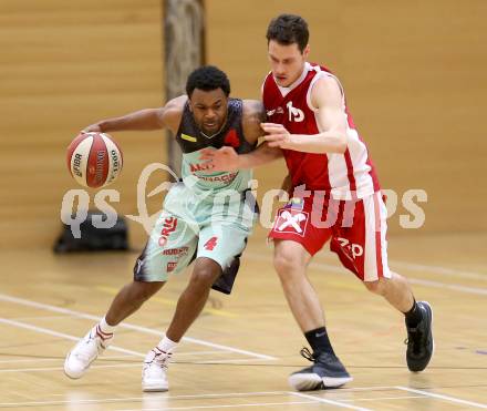 Basketball 2. Bundesliga 2015/16 Grunddurchgang 16. Runde. Villach Raiders  gegen St. Poelten Dragons. Dominique Richmond Jackson  (Villach),  Hannes Obermann (St. Poelten). Villach, 24.1.2016.
Foto: Kuess
---
pressefotos, pressefotografie, kuess, qs, qspictures, sport, bild, bilder, bilddatenbank