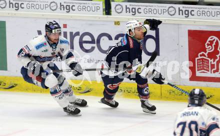 EBEL. Eishockey Bundesliga. EC VSV gegen Fehervar AV 19. Brock McBride, (VSV), Andras Benk  (Fehervar). Villach, am 26.1.2016.
Foto: Kuess 


---
pressefotos, pressefotografie, kuess, qs, qspictures, sport, bild, bilder, bilddatenbank