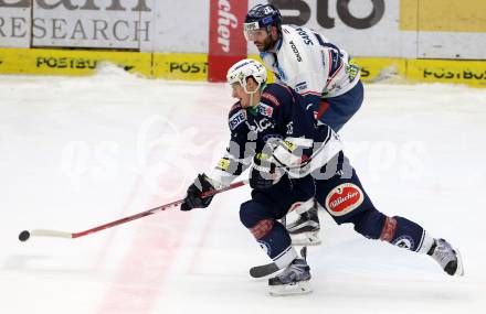 EBEL. Eishockey Bundesliga. EC VSV gegen Fehervar AV 19. Daniel Nageler,  (VSV), Andrew Sarauer (Fehervar). Villach, am 26.1.2016.
Foto: Kuess 


---
pressefotos, pressefotografie, kuess, qs, qspictures, sport, bild, bilder, bilddatenbank