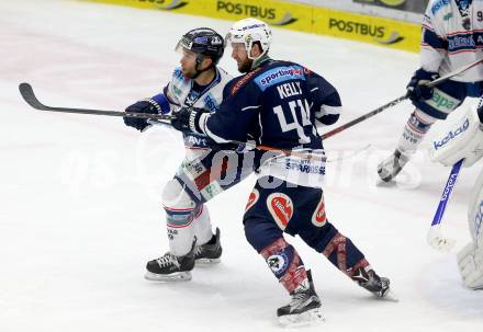 EBEL. Eishockey Bundesliga. EC VSV gegen Fehervar AV 19. Matt Kelly,  (VSV), Csaba Kovacs (Fehervar). Villach, am 26.1.2016.
Foto: Kuess 


---
pressefotos, pressefotografie, kuess, qs, qspictures, sport, bild, bilder, bilddatenbank