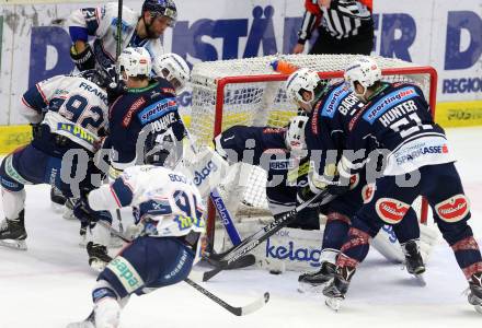 EBEL. Eishockey Bundesliga. EC VSV gegen Fehervar AV 19. Dustin Johner, Jean Philippe Lamoureux, Stefan Bacher, Eric Hunter, (VSV),  Chris Francis, Christopher Bodo (Fehervar). Villach, am 26.1.2016.
Foto: Kuess 


---
pressefotos, pressefotografie, kuess, qs, qspictures, sport, bild, bilder, bilddatenbank