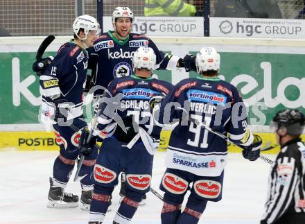 EBEL. Eishockey Bundesliga. EC VSV gegen Fehervar AV 19. Torjubel Mark Santorelli, Stefan Bacher, Markus Schlacher, Miha Verlic (VSV). Villach, am 26.1.2016.
Foto: Kuess 


---
pressefotos, pressefotografie, kuess, qs, qspictures, sport, bild, bilder, bilddatenbank