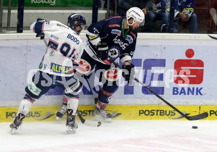 EBEL. Eishockey Bundesliga. EC VSV gegen Fehervar AV 19. Matt Kelly,  (VSV), Christopher Bodo (Fehervar). Villach, am 26.1.2016.
Foto: Kuess 


---
pressefotos, pressefotografie, kuess, qs, qspictures, sport, bild, bilder, bilddatenbank