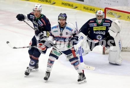 EBEL. Eishockey Bundesliga. EC VSV gegen Fehervar AV 19. Stefan Bacher, Jean Philippe Lamoureux, (VSV), Christopher Bodo  (Fehervar). Villach, am 26.1.2016.
Foto: Kuess 


---
pressefotos, pressefotografie, kuess, qs, qspictures, sport, bild, bilder, bilddatenbank