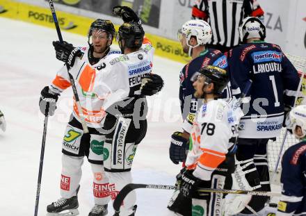 EBEL. Eishockey Bundesliga. EC VSV gegen Moser Medical Graz99ers. Torjubel Roland Kaspitz, Alexander Feichtner (Graz). Villach, am 29.1.2016.
Foto: Kuess 


---
pressefotos, pressefotografie, kuess, qs, qspictures, sport, bild, bilder, bilddatenbank