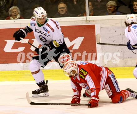 EBEL. Eishockey Bundesliga. KAC gegen VSV. Jamie Lundmark,  (KAC), Stefan Bacher (VSV). Klagenfurt, am 2.2.2016.
Foto: Kuess

---
pressefotos, pressefotografie, kuess, qs, qspictures, sport, bild, bilder, bilddatenbank