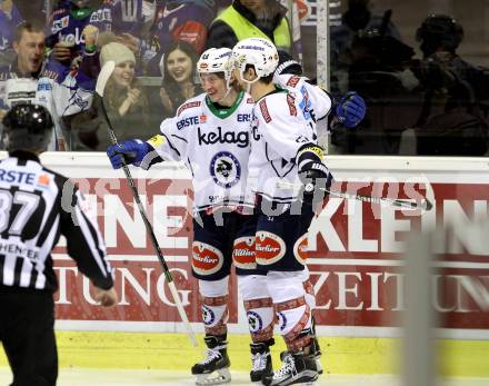 EBEL. Eishockey Bundesliga. KAC gegen VSV. Torjubel Christof Kromp, Eric Hunter (VSV). Klagenfurt, am 2.2.2016.
Foto: Kuess

---
pressefotos, pressefotografie, kuess, qs, qspictures, sport, bild, bilder, bilddatenbank