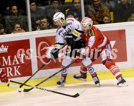 EBEL. Eishockey Bundesliga. KAC gegen VSV. Stefan Geier, (KAC), Dustin Johner  (VSV). Klagenfurt, am 2.2.2016.
Foto: Kuess

---
pressefotos, pressefotografie, kuess, qs, qspictures, sport, bild, bilder, bilddatenbank