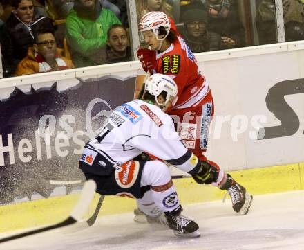 EBEL. Eishockey Bundesliga. KAC gegen VSV. Manuel Ganahl,  (KAC), Dustin Johner (VSV). Klagenfurt, am 2.2.2016.
Foto: Kuess

---
pressefotos, pressefotografie, kuess, qs, qspictures, sport, bild, bilder, bilddatenbank