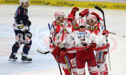 EBEL. Eishockey Bundesliga. EC VSV gegen KAC. Torjubel Jamie Lundmark, Olivert Setzinger, Jason Desantis, Manuel Geier, Jean Francois Jacques (KAC). Villach, am 5.2.2016.
Foto: Kuess 


---
pressefotos, pressefotografie, kuess, qs, qspictures, sport, bild, bilder, bilddatenbank