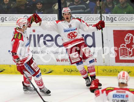 EBEL. Eishockey Bundesliga. EC VSV gegen KAC. Torjubel Manuel Ganahl, Jean Francois Jacques (KAC). Villach, am 5.2.2016.
Foto: Kuess 


---
pressefotos, pressefotografie, kuess, qs, qspictures, sport, bild, bilder, bilddatenbank