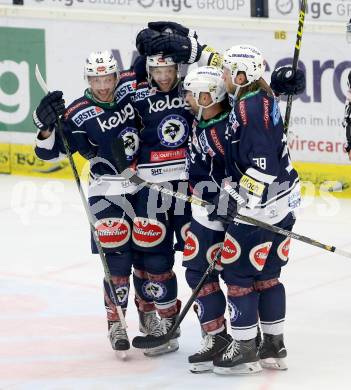 EBEL. Eishockey Bundesliga. EC VSV gegen KAC. Torjubel Rick Schofield, Gerhard Unterluggauer, Dustin Johner, Peter Robin Weihager (VSV). Villach, am 5.2.2016.
Foto: Kuess 


---
pressefotos, pressefotografie, kuess, qs, qspictures, sport, bild, bilder, bilddatenbank