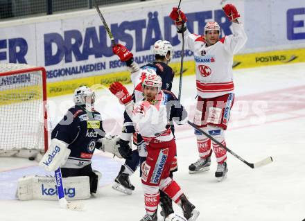 EBEL. Eishockey Bundesliga. EC VSV gegen KAC. Torjubel Manuel Geier, Jean Francois Jacques (KAC). Villach, am 5.2.2016.
Foto: Kuess 


---
pressefotos, pressefotografie, kuess, qs, qspictures, sport, bild, bilder, bilddatenbank