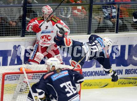 EBEL. Eishockey Bundesliga. EC VSV gegen KAC. Brock McBride, Jean  (VSV), Francois Jacques (KAC). Villach, am 5.2.2016.
Foto: Kuess 


---
pressefotos, pressefotografie, kuess, qs, qspictures, sport, bild, bilder, bilddatenbank