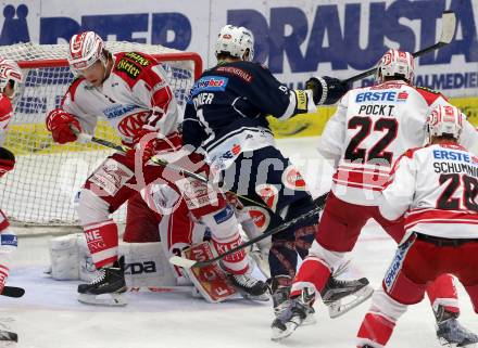 EBEL. Eishockey Bundesliga. EC VSV gegen KAC. Dustin Johner,  (VSV), Thomas Hundertpfund (KAC). Villach, am 5.2.2016.
Foto: Kuess 


---
pressefotos, pressefotografie, kuess, qs, qspictures, sport, bild, bilder, bilddatenbank