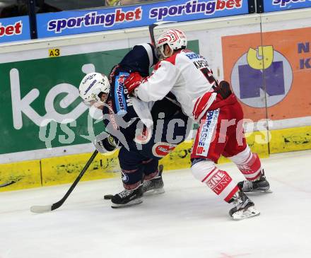 EBEL. Eishockey Bundesliga. EC VSV gegen KAC. Brock McBride,  (VSV), Kevin Kapstad (KAC). Villach, am 5.2.2016.
Foto: Kuess 


---
pressefotos, pressefotografie, kuess, qs, qspictures, sport, bild, bilder, bilddatenbank