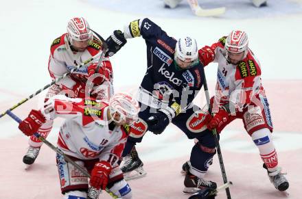 EBEL. Eishockey Bundesliga. EC VSV gegen KAC. Ziga Pance, (VSV), Mark Popovic, Thomas Koch, Steven Strong (KAC). Villach, am 5.2.2016.
Foto: Kuess 


---
pressefotos, pressefotografie, kuess, qs, qspictures, sport, bild, bilder, bilddatenbank