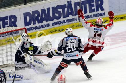 EBEL. Eishockey Bundesliga. EC VSV gegen KAC. Jean Philippe Lamoureux, Nico Brunner,  (VSV), Torjubel Manuel Ganahl (KAC). Villach, am 5.2.2016.
Foto: Kuess 


---
pressefotos, pressefotografie, kuess, qs, qspictures, sport, bild, bilder, bilddatenbank