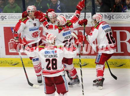 EBEL. Eishockey Bundesliga. EC VSV gegen KAC. Torjubel Manuel Ganahl, Jean Francois Jacques, Thomas Poeck, Patrick Harand, Martin Schumnig (KAC). Villach, am 5.2.2016.
Foto: Kuess 


---
pressefotos, pressefotografie, kuess, qs, qspictures, sport, bild, bilder, bilddatenbank