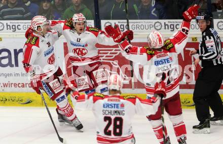 EBEL. Eishockey Bundesliga. EC VSV gegen KAC. Torjubel Manuel Ganahl, Jean Francois Jacques, Thomas Poeck (KAC). Villach, am 5.2.2016.
Foto: Kuess 


---
pressefotos, pressefotografie, kuess, qs, qspictures, sport, bild, bilder, bilddatenbank