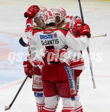 EBEL. Eishockey Bundesliga. EC VSV gegen KAC. Torjubel Jamie Lundmark, Olivert Setzinger, Jason Desantis (KAC). Villach, am 5.2.2016.
Foto: Kuess 


---
pressefotos, pressefotografie, kuess, qs, qspictures, sport, bild, bilder, bilddatenbank