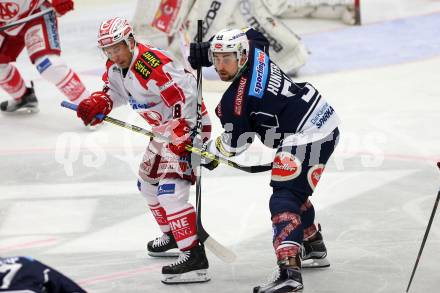 EBEL. Eishockey Bundesliga. EC VSV gegen KAC. Eric Hunter,  (VSV), Thomas Koch (KAC). Villach, am 5.2.2016.
Foto: Kuess 


---
pressefotos, pressefotografie, kuess, qs, qspictures, sport, bild, bilder, bilddatenbank