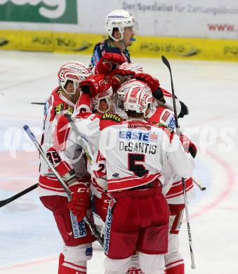 EBEL. Eishockey Bundesliga. EC VSV gegen KAC. Torjubel Jamie Lundmark, Olivert Setzinger, Jason Desantis, Manuel Geier, Jean Francois Jacques (KAC). Villach, am 5.2.2016.
Foto: Kuess 


---
pressefotos, pressefotografie, kuess, qs, qspictures, sport, bild, bilder, bilddatenbank