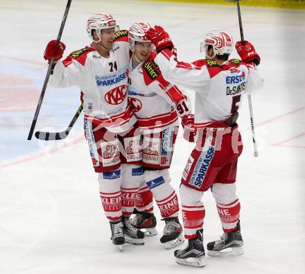 EBEL. Eishockey Bundesliga. EC VSV gegen KAC. Torjubel Jamie Lundmark, Olivert Setzinger, Jason Desantis (KAC). Villach, am 5.2.2016.
Foto: Kuess 


---
pressefotos, pressefotografie, kuess, qs, qspictures, sport, bild, bilder, bilddatenbank