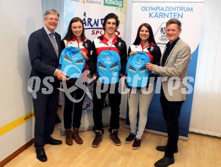 Olympia Zentrum Kaernten. Teilnehmer an den Youth Olympic Games (Jugend Winterspiele). Landeshauptmann Peter Kaiser  Anna Juppe, Moritz Opetnik, Nadine Fest,  Arno Arthofer. Klagenfurt, am 3.2.2016.
Foto: Kuess
---
pressefotos, pressefotografie, kuess, qs, qspictures, sport, bild, bilder, bilddatenbank